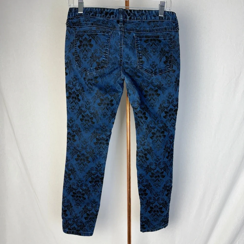 Free People Womens‎ Size 27 Floral Damask Print Jeans Denim Blue Black